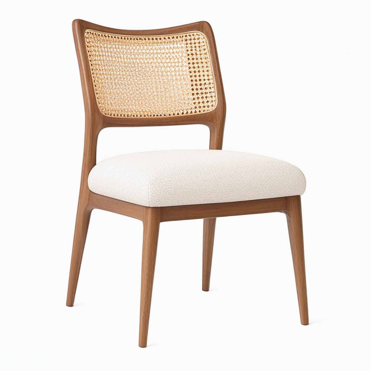 Chaise de salle à manger 50 x 55 x 82 cm en bois brun cannage rotin et tissu bouclette écru style naturel