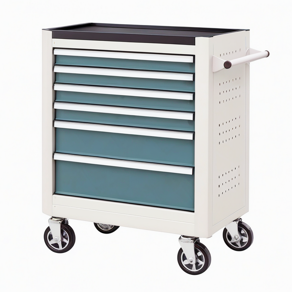 Servante d atelier 80 x 46 x 95 cm en acier blanc et bleu à roulettes avec 7 tiroirs