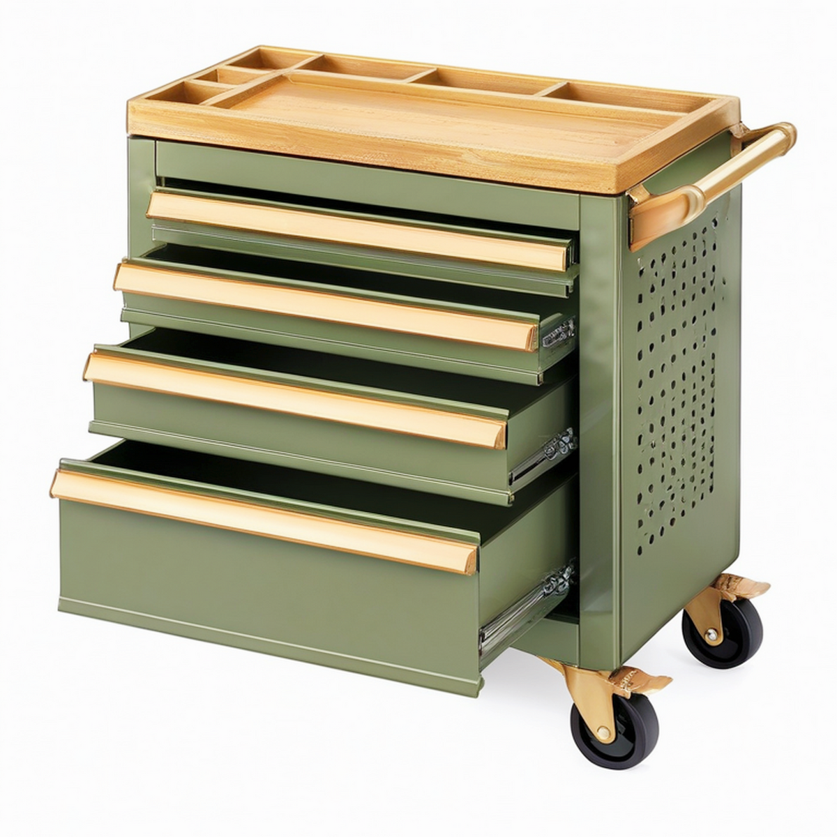 Servante d'atelier 78 x 45 x 92 cm en acier vert avec 5 tiroirs et plateau en bois