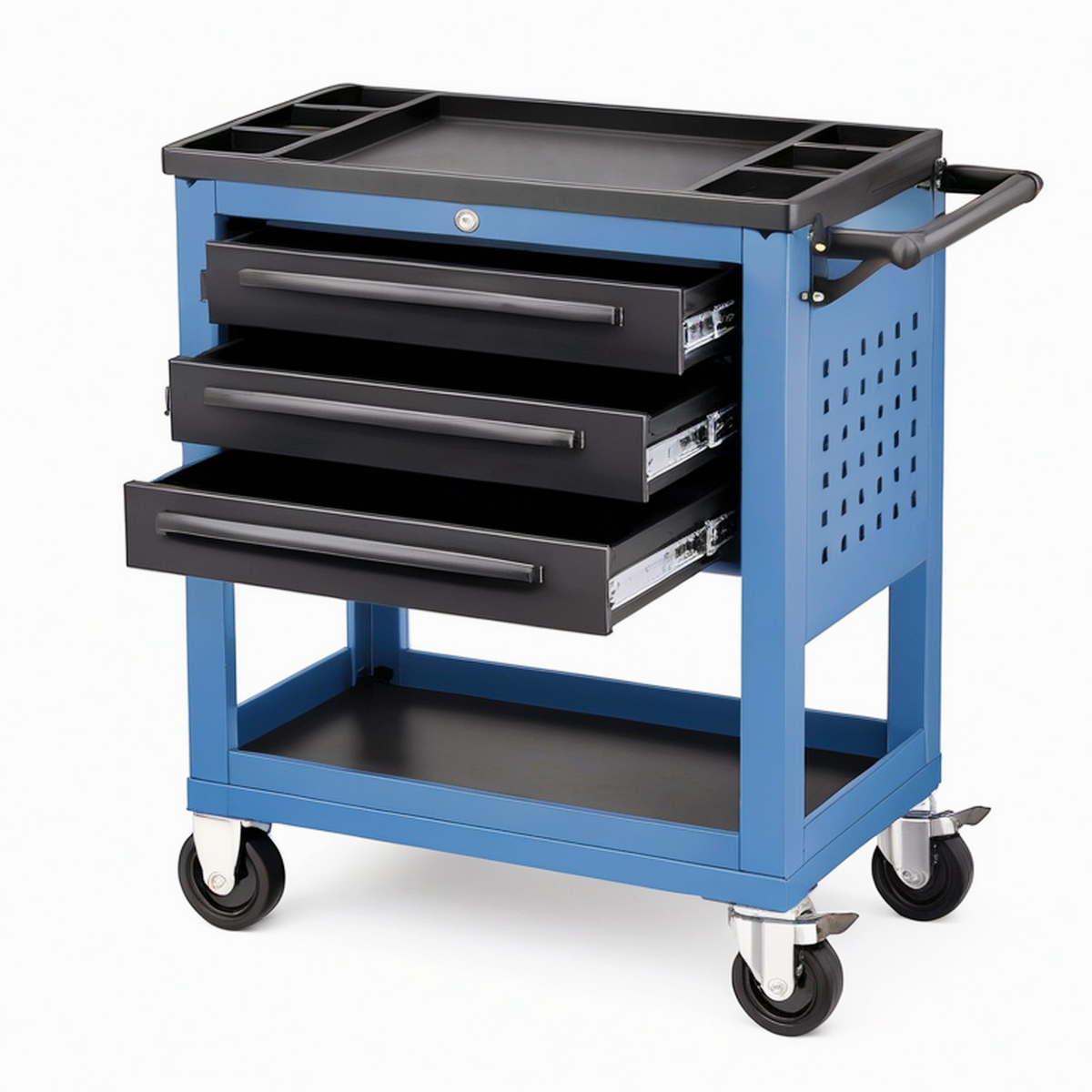 Servante d'atelier 80 x 45 x 95 cm en acier bleu et noir avec 3 tiroirs verrouillables