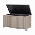 Coffre de rangement extérieur 120 x 60 x 63 cm en métal taupe à couvercle relevable