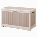 Coffre de rangement extérieur 120 x 56 x 63 cm en résine taupe effet bois avec couvercle