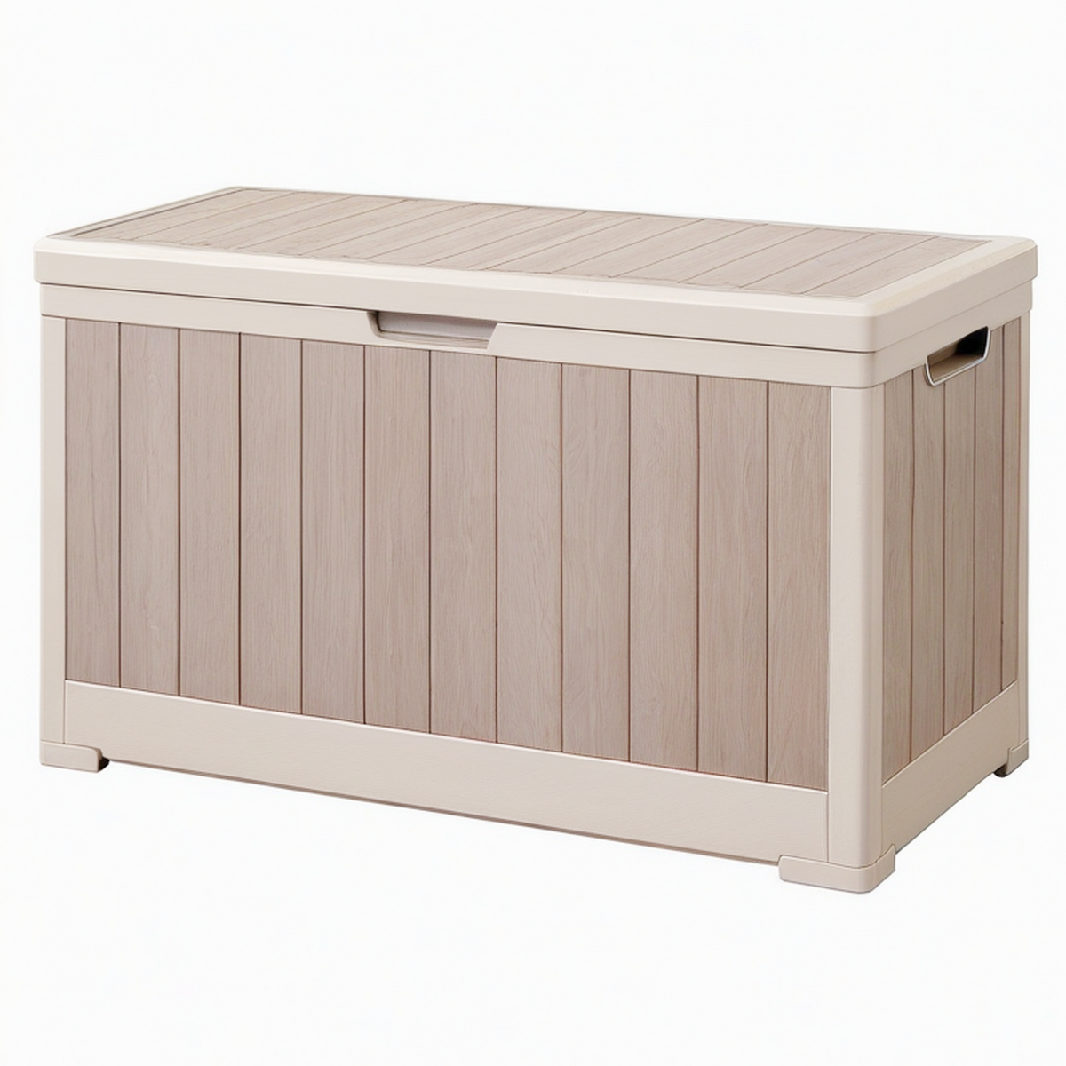 Coffre de rangement extérieur 120 x 56 x 63 cm en résine taupe effet bois avec couvercle