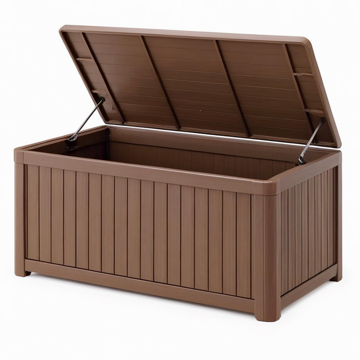 Coffre de rangement extérieur 120 x 65 x 63 cm en plastique marron avec couvercle relevable