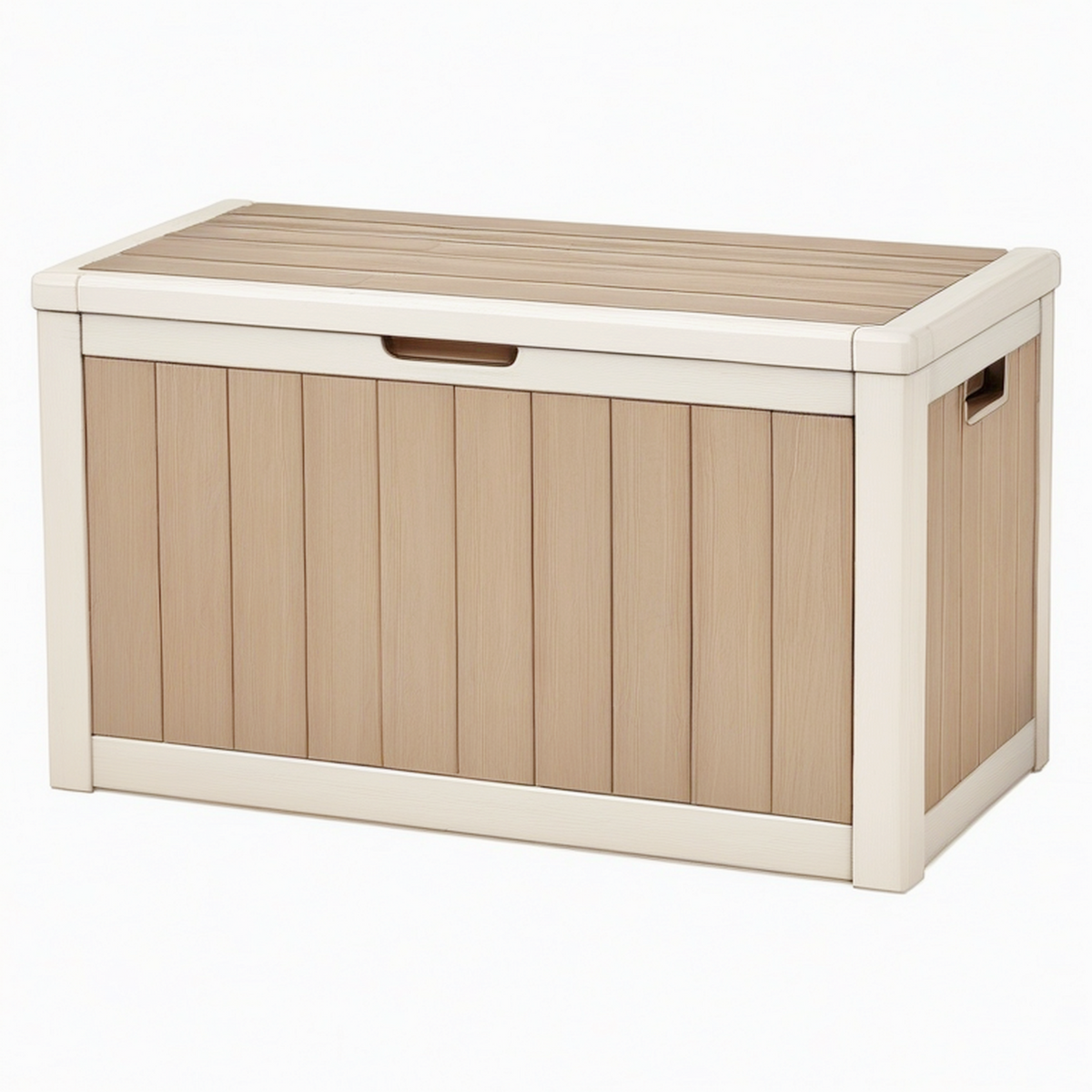 Coffre de rangement extérieur 120 x 60 x 60 cm en résine beige marron effet bois avec couvercle