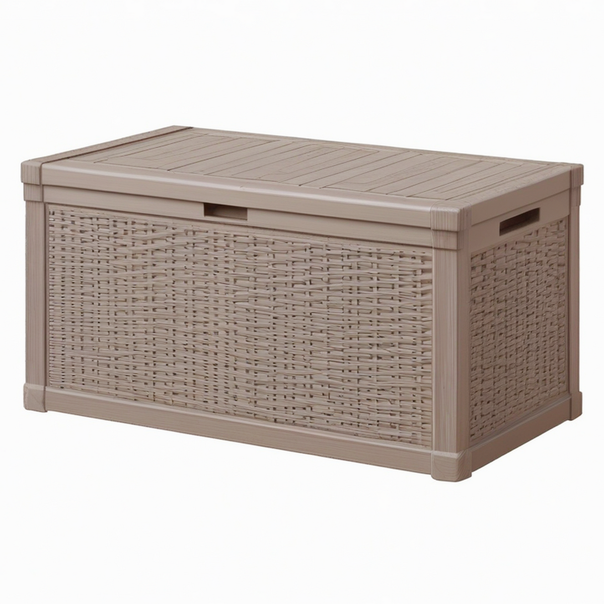 Coffre de rangement extérieur 120 x 60 x 60 cm en plastique taupe tressé avec couvercle