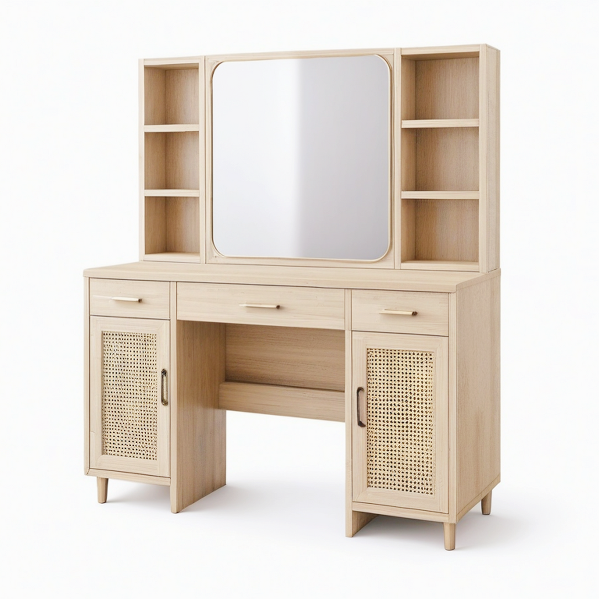Coiffeuse 120 x 45 x 180 cm en panneaux de bois chêne clair avec miroir et rangements style naturel