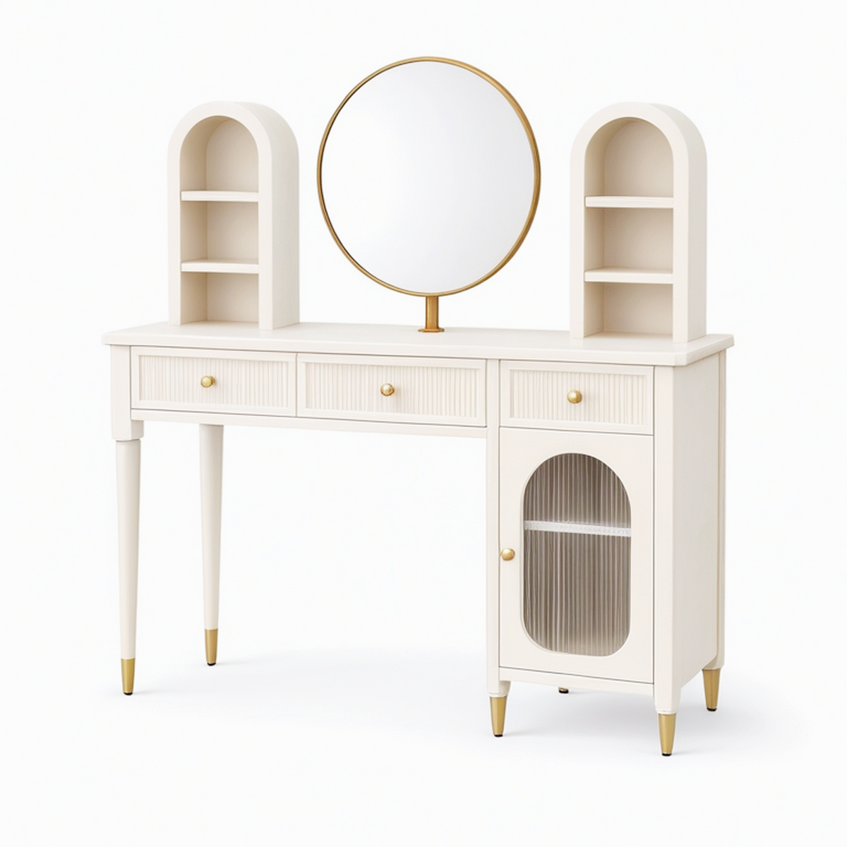 Coiffeuse 120 x 45 x 150 cm en panneaux blanc cassé avec miroir et rangements style contemporain