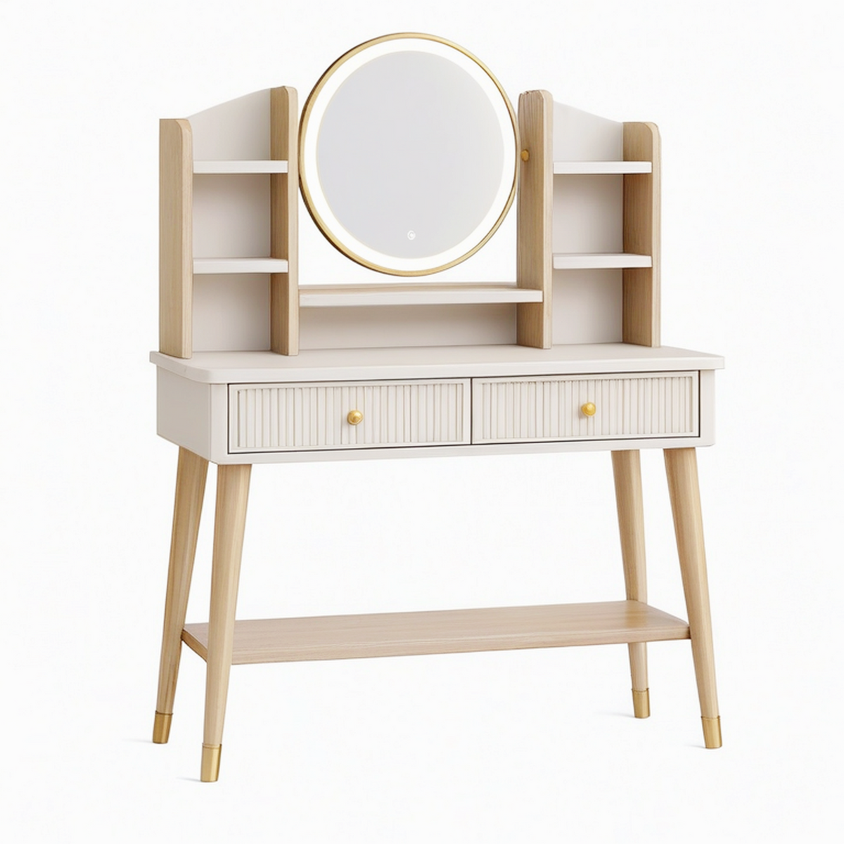 Coiffeuse 100 cm 45 cm 145 cm en bois beige et chêne clair avec miroir lumineux et rangements