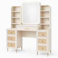 Ensemble coiffeuse 180 x 45 x 180 cm en bois beige avec miroir et rangements style rétro