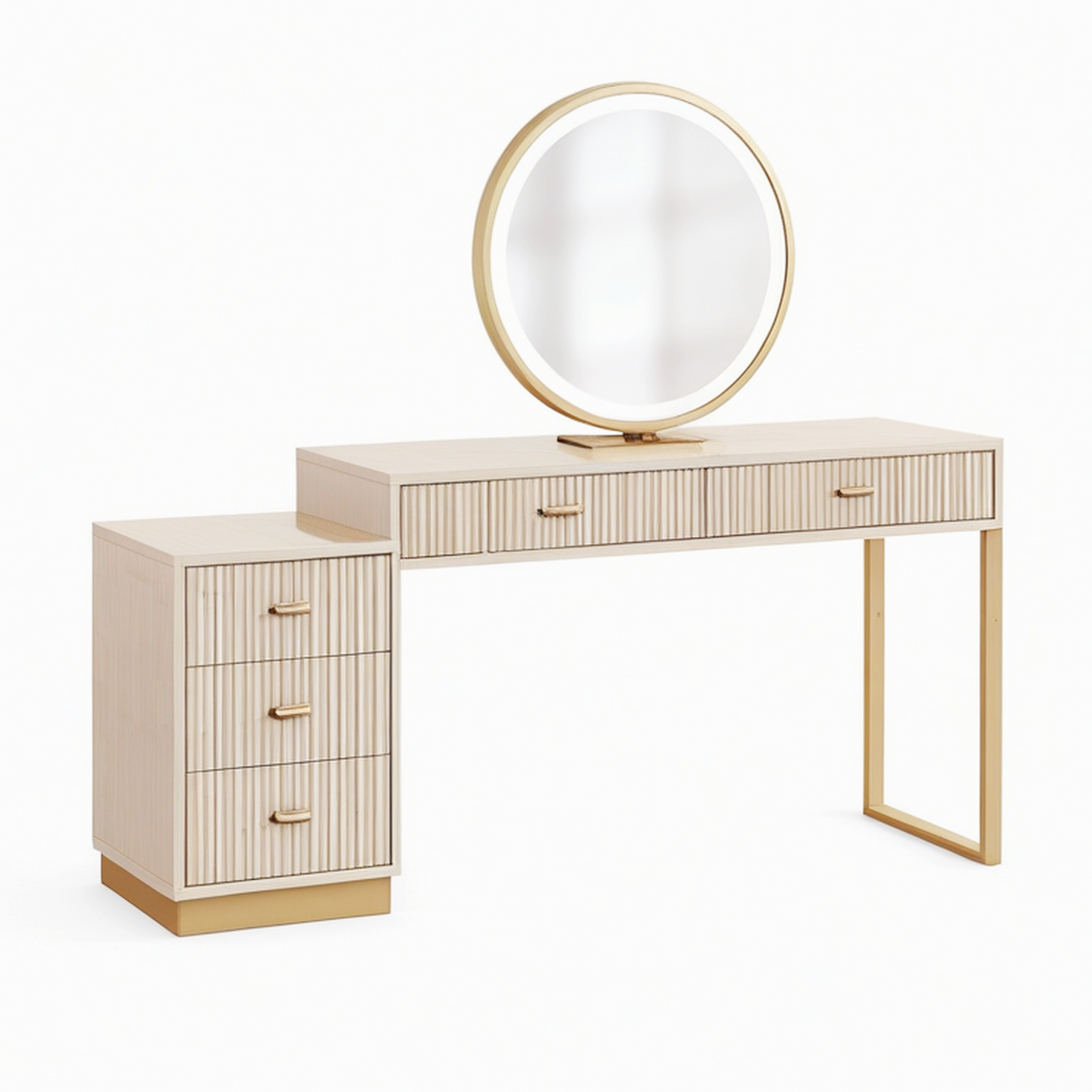 Ensemble coiffeuse avec miroir 160 x 45 cm en bois beige et métal doré style contemporain avec rangements