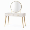 Coiffeuse 100 x 40 x 140 cm blanche et dorée avec miroir rond et 2 tiroirs