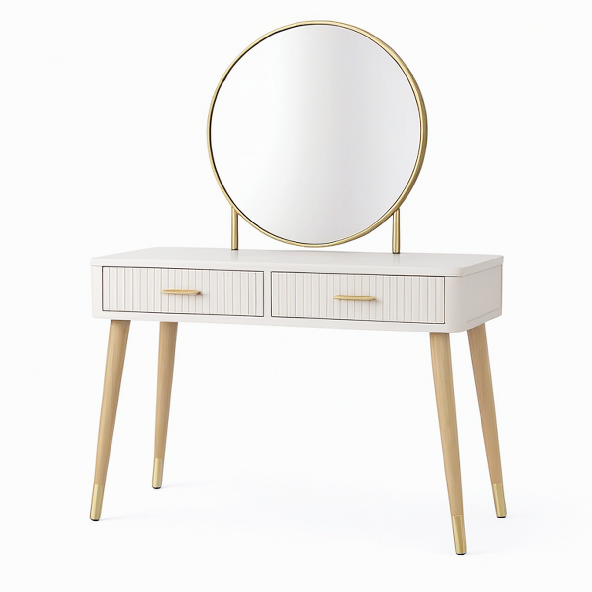 Coiffeuse 100 x 40 x 140 cm blanche et dorée avec miroir rond et 2 tiroirs