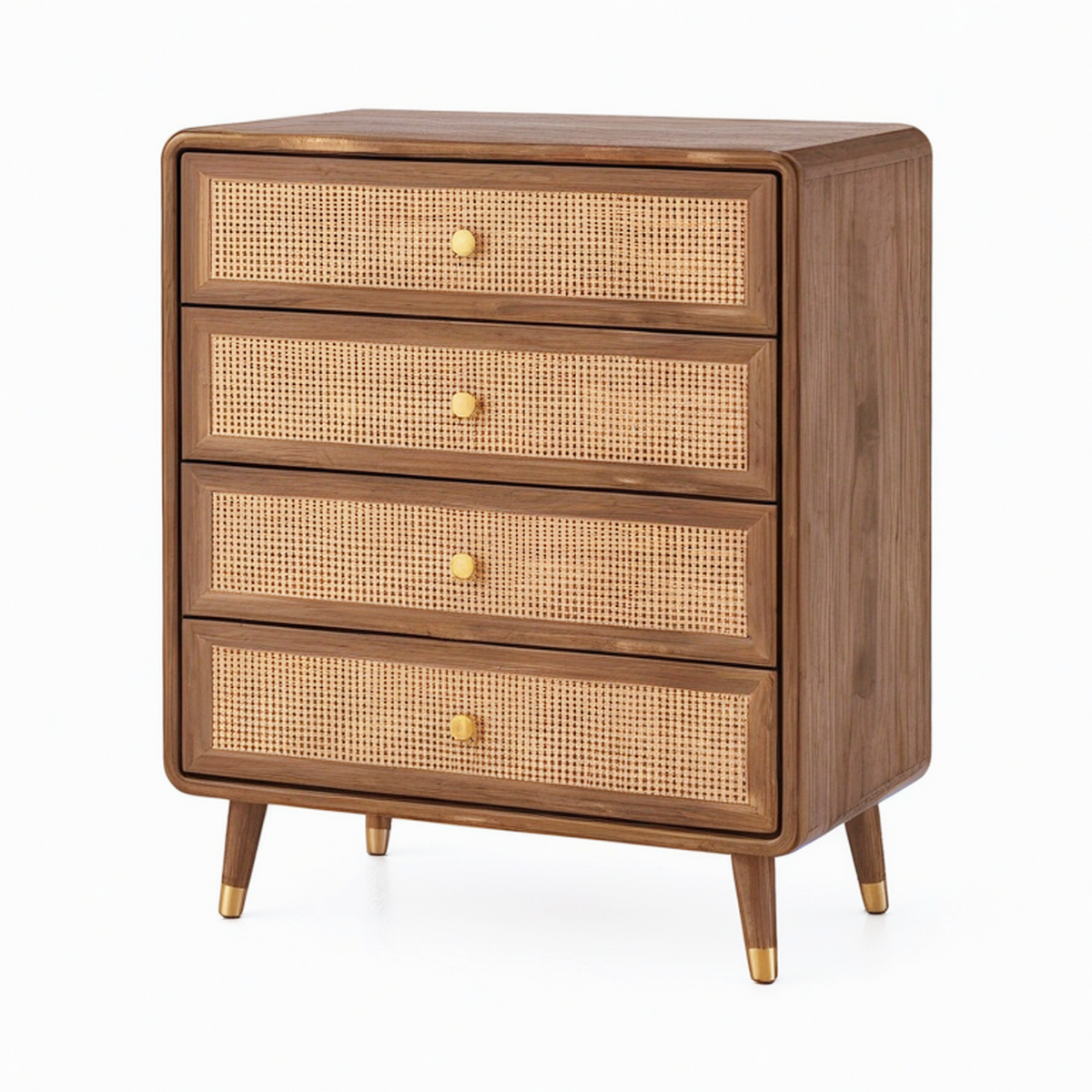 Commode 80 x 40 x 100 cm en bois brun et cannage à 4 tiroirs style rétro