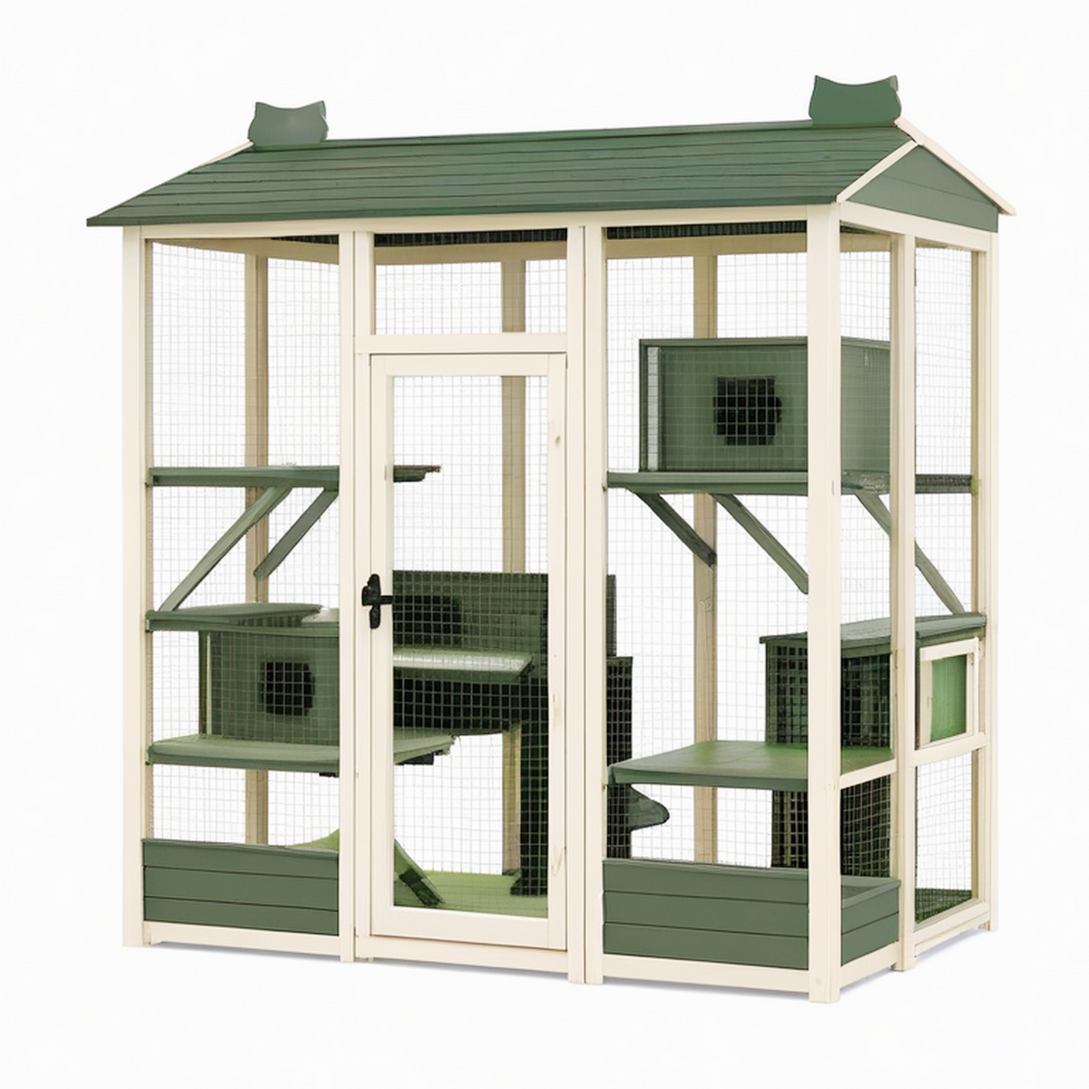 Enclos extérieur pour chat 180 x 100 x 180 cm en bois vert et blanc avec grillage et plateformes