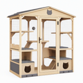 Enclos extérieur pour chat 180 x 90 x 180 cm en bois naturel et gris avec grillage et plateformes