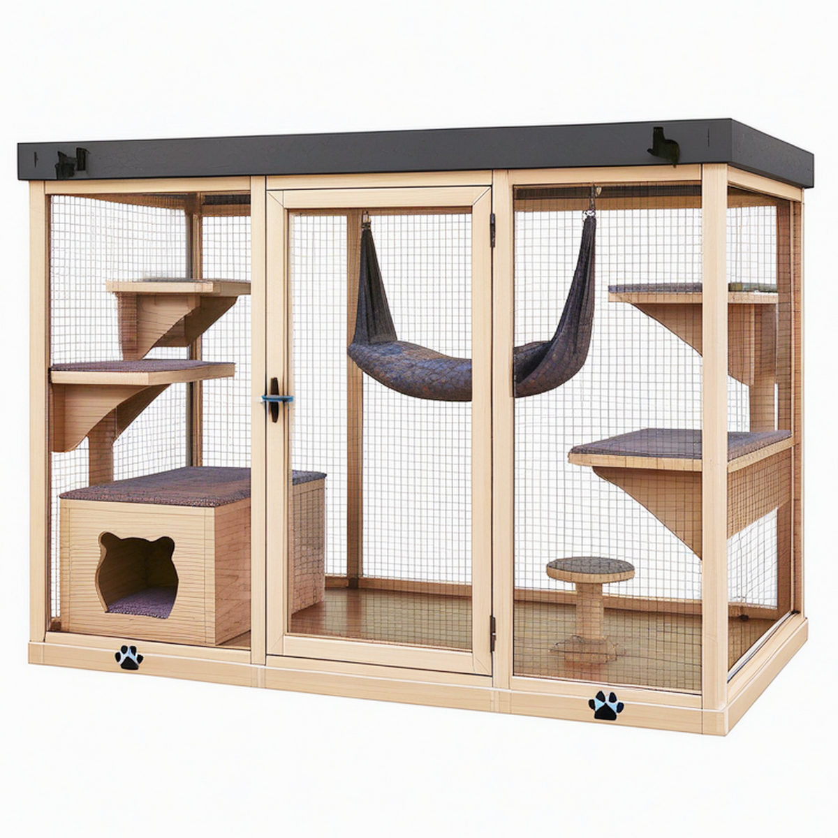 Enclos pour chat 150 x 75 x 180 cm en bois naturel et métal noir - avec plateformes griffoirs et hamac