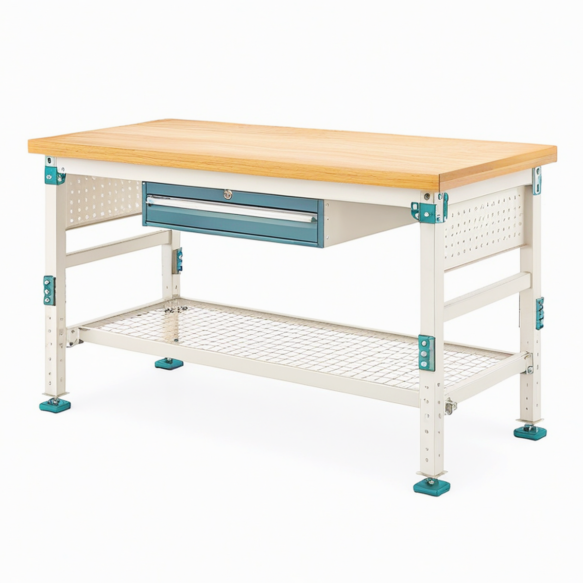 Établi d atelier 120 x 60 x 90 cm en bambou et acier beige bleu avec tiroir et étagère
