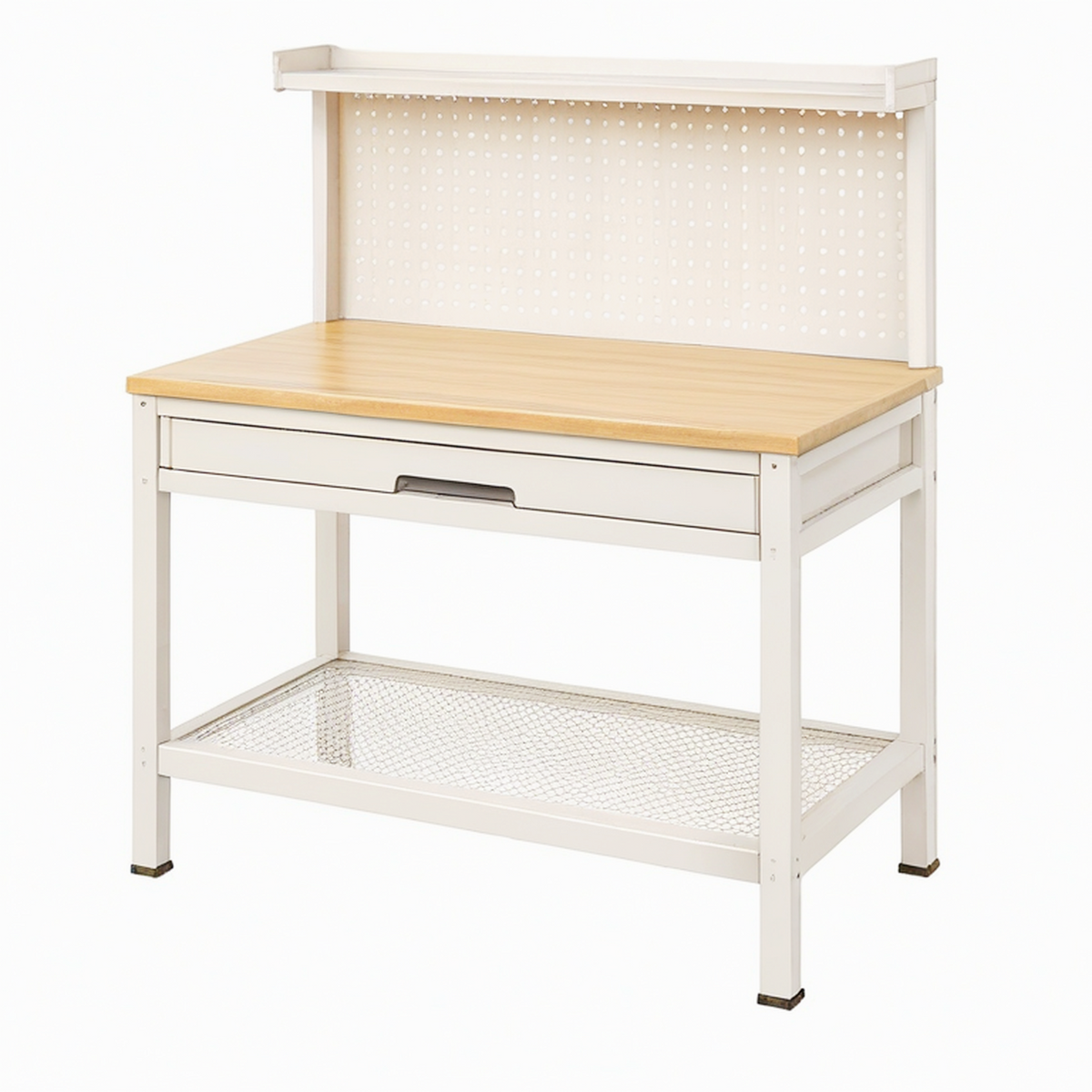 Établi 120 x 60 x 150 cm en acier et bois beige naturel avec panneau perforé et tiroir
