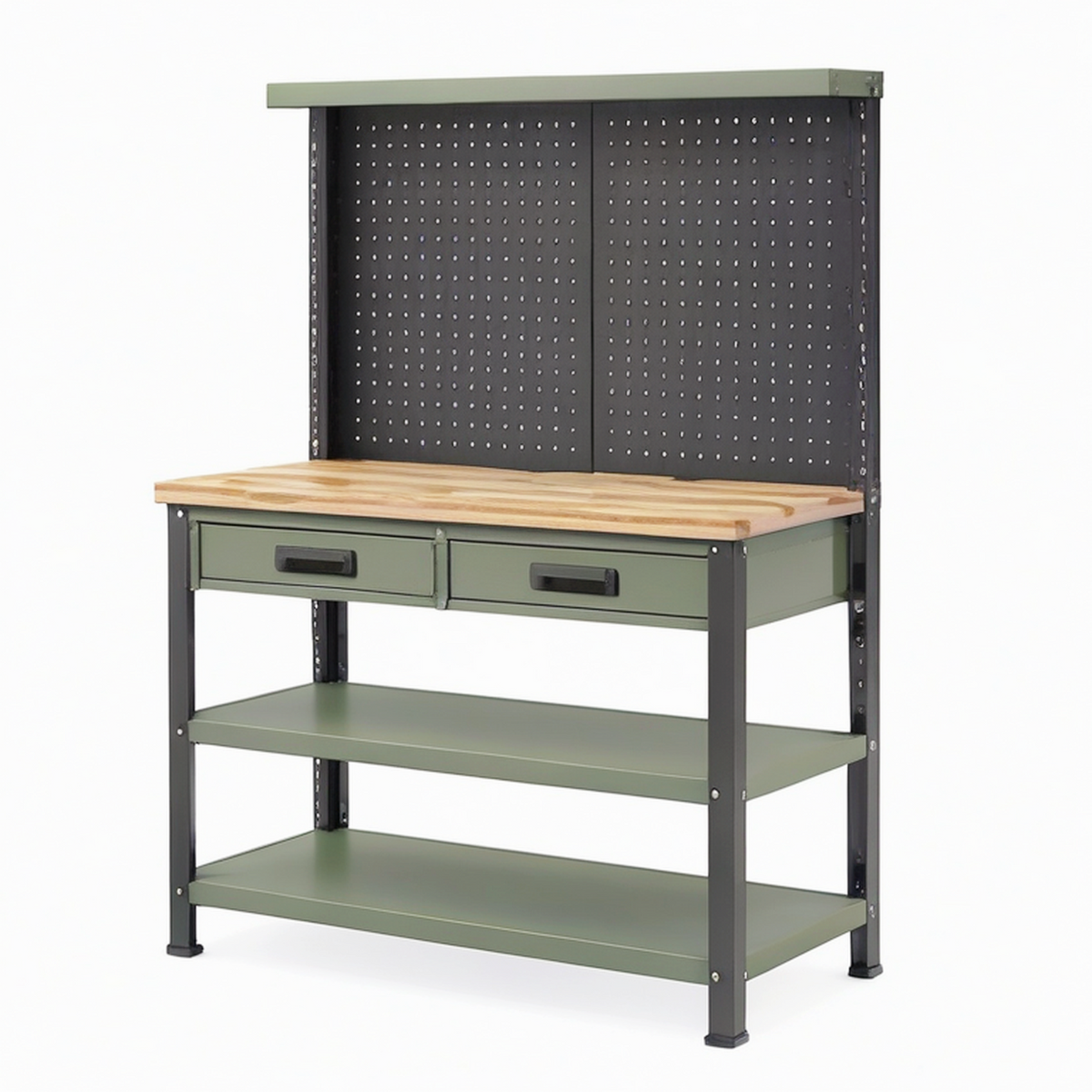 Établi d'atelier 120 x 60 x 200 cm en métal vert avec plateau en bois rangements et panneau perforé