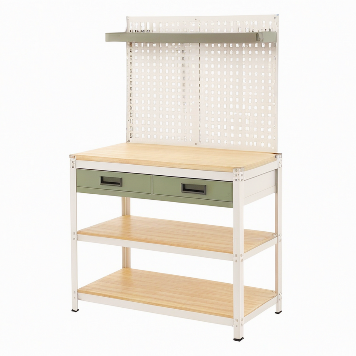 Établi 120 x 60 x 180 cm en métal et bois beige vert avec panneaux perforés et rangements